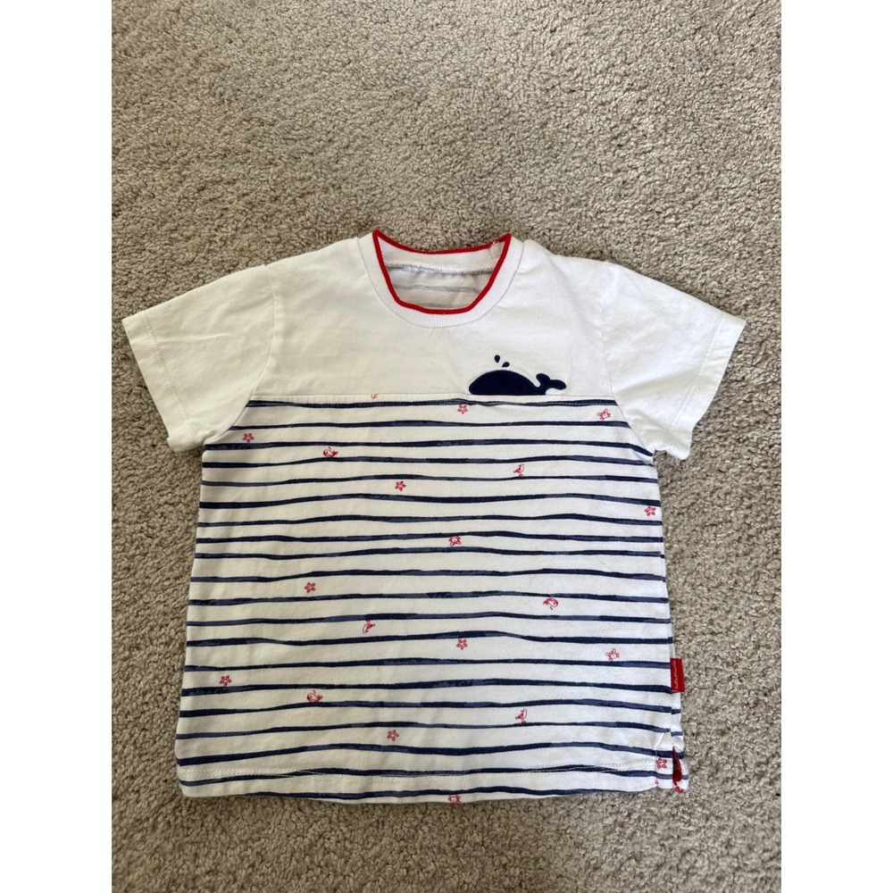 Boys Nautical Whale Stripe Short Sleeve T-Shirt White Navy Blue Red Tee
